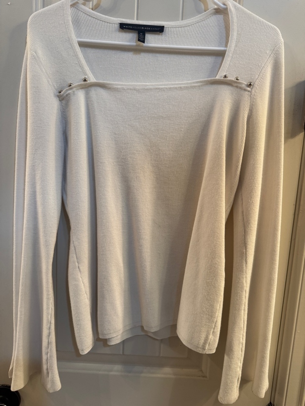 White House Black Market Cream Square-Neck Ribbed Knit Top with Stud Detail